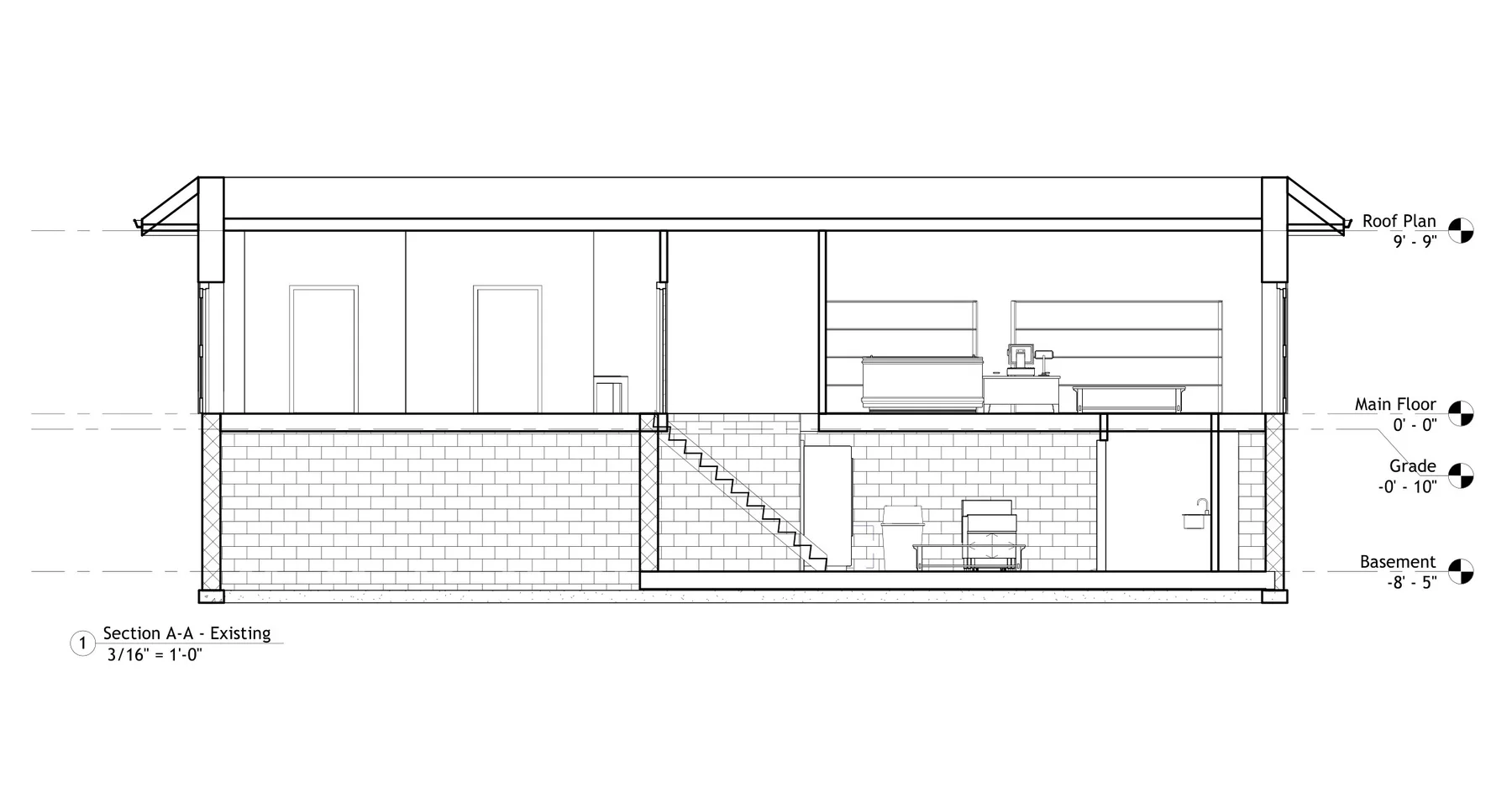 Commercial restaurant building section showing main-floor and basement spaces